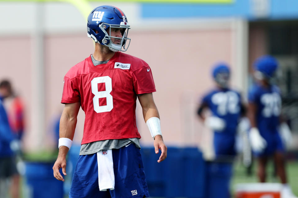 Quarterback Daniel Jones #8 of the New York Giants is a fantasy question mark