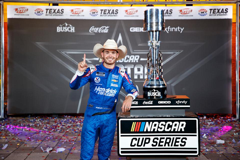 FORT WORTH, TEXAS - JUNE 13: Kyle Larson, driver of the #5 HendrickCars.com Chevrolet, celebrates on the winning lane after winning the NASCAR All-Star Race at Texas Motor Speedway on June 13, 2026 in Fort Worth, Texas and the winner is. (Photo by Jared C Tilton/Getty Images)
