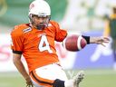 BC Lions Paul McCallum kicks against the Edmonton Eskimos during CFL preseason action at Commonwealth Stadium in Edmonton, Alberta on Thursday June 21, 2012. AMBER BRACKEN