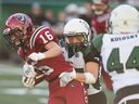 Saskatoon Valkyries linebacker Emmarae Dale (45) tries to chase the ball away from Regina Riots receiver Shanelle Rioux (16) during the Women's Western Canadian Football League Finals at Mosaic Stadium last summer.