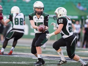 Valkries quarterback Alex Eyolfson passes to teammate Sam Matheson during the 2019 WWCFL Finals against Regina.