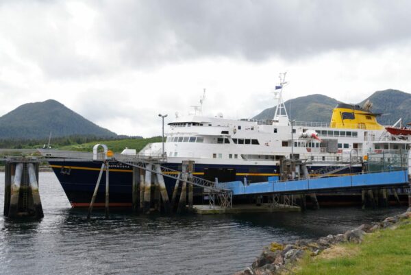An Alaska State Ferry waiting at a dock