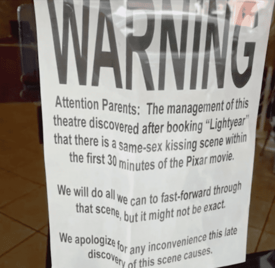 A warning sign for same sex kissing in Lightyear.